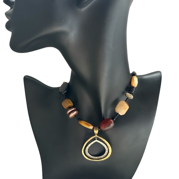 Retired SILPADA Hammered Sterling Silver Brass Shell Stone Mixed Bead Necklace - Picture 2 of 8